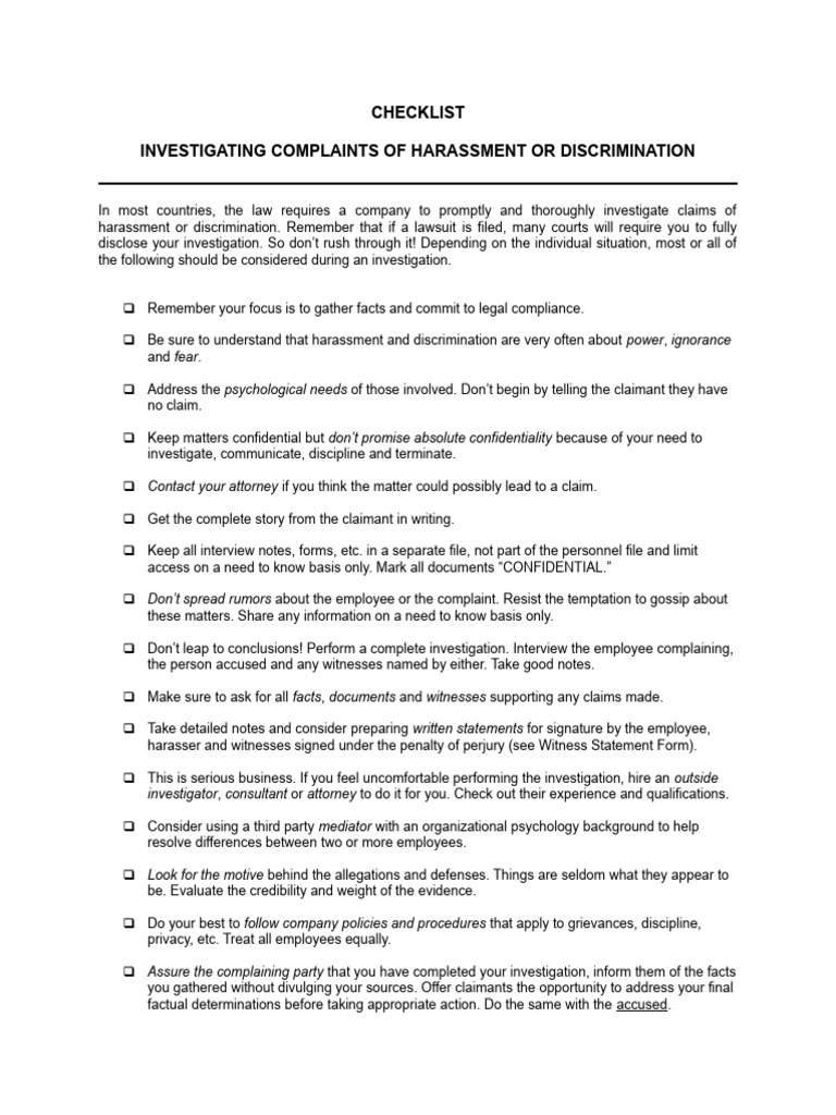 Checklist Investigating Complaints of Harassment PDF Witness