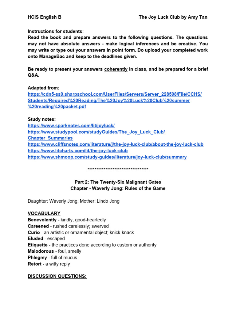 2A Waverly Jong Rules of The Game Qns | PDF