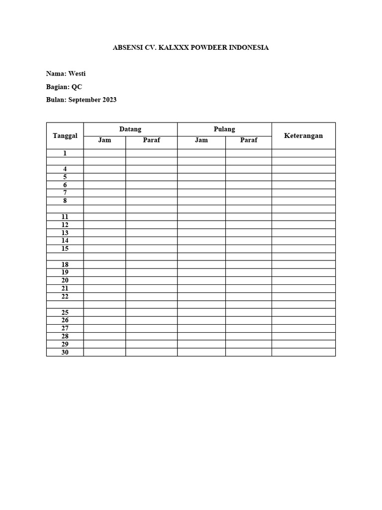 Absensi QC CV. Kalxxx September 2023 | PDF