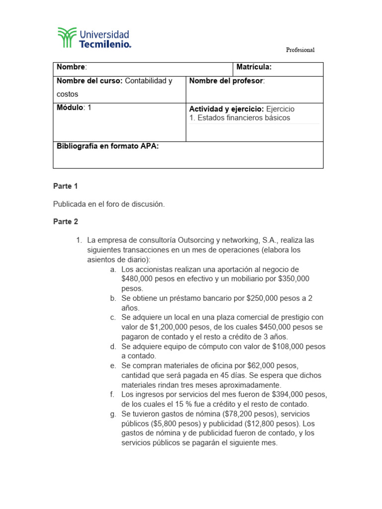 Ejercicio 1 - Contabilidad y Costos | PDF | Contabilidad | Bancos