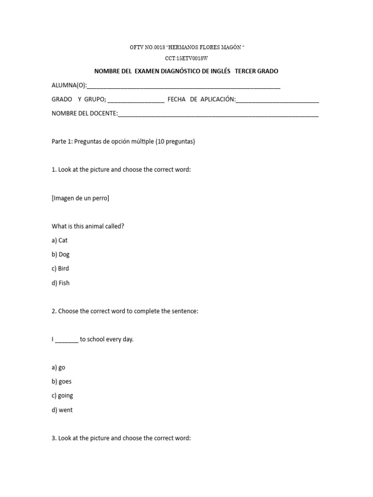 Examen de ingl s tercer grado diagn stico pdf verb linguistics