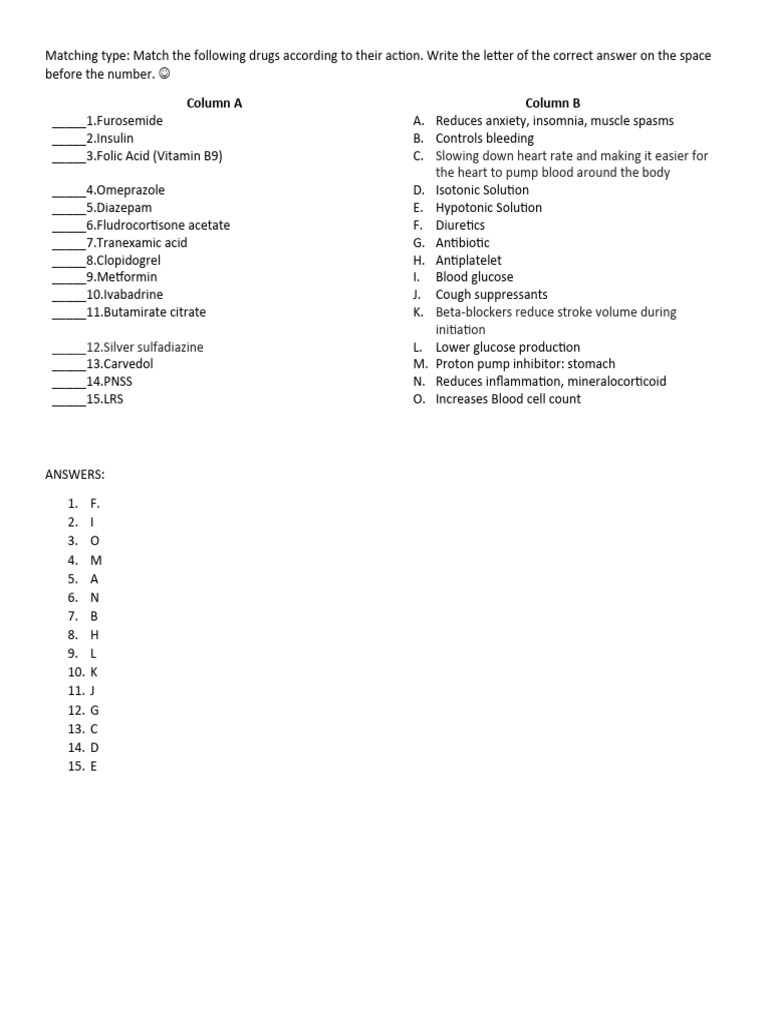 Drug Action Matching Quiz | PDF