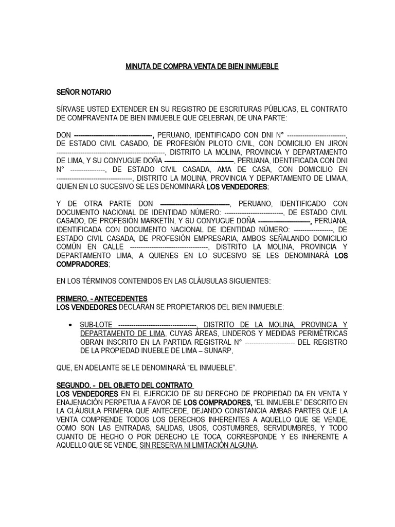 Minuta De Compra Venta De Bien Inmueble Descargar Gratis Pdf