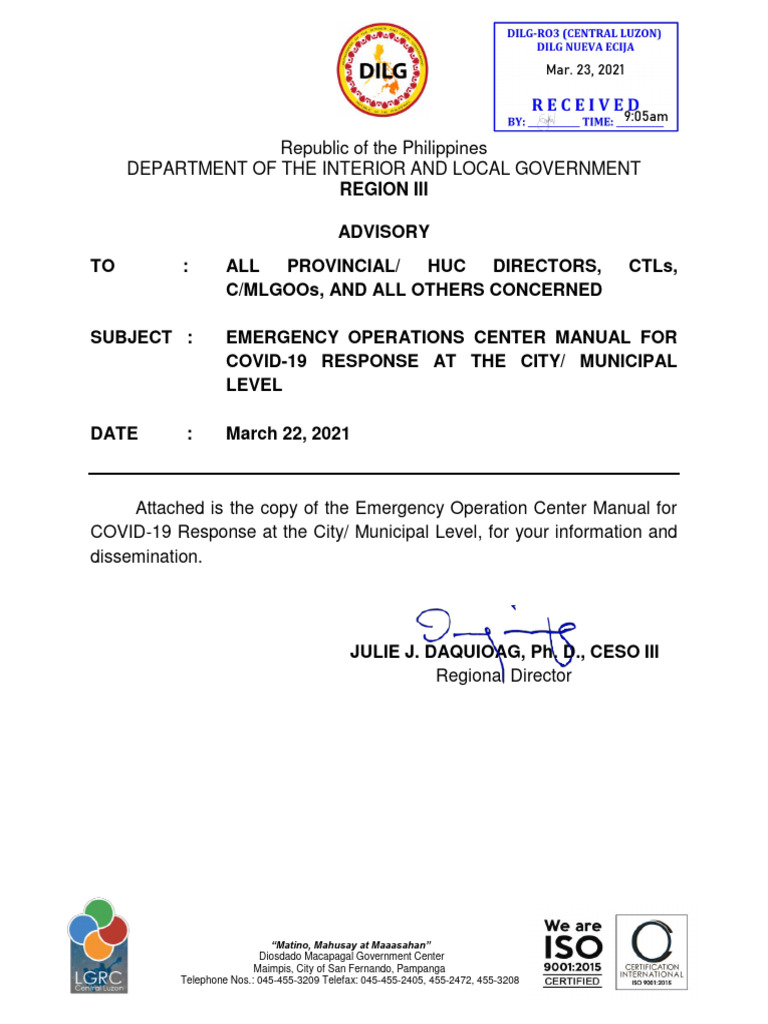 Emergency Operations Center Manual For Covid19 Response at The City