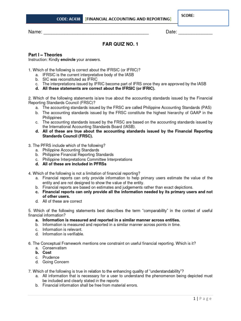 FAR Quiz 1: Financial Accounting Concepts | PDF