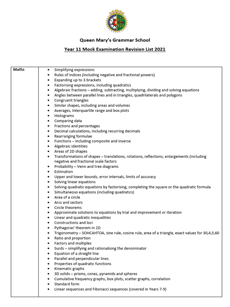 Year 11 Mock Exam Revision Guide | PDF | Quadratic Equation | Area