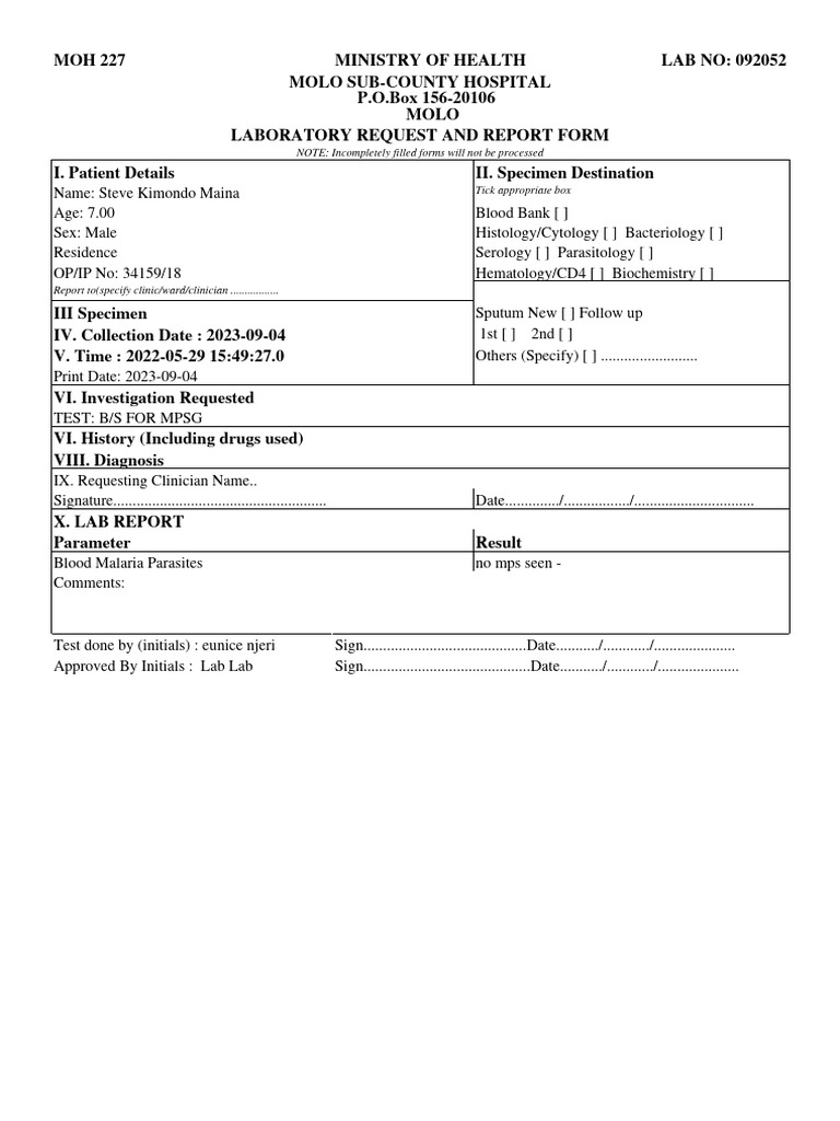 Malaria Blood Test Report for Steve Kimondo | PDF