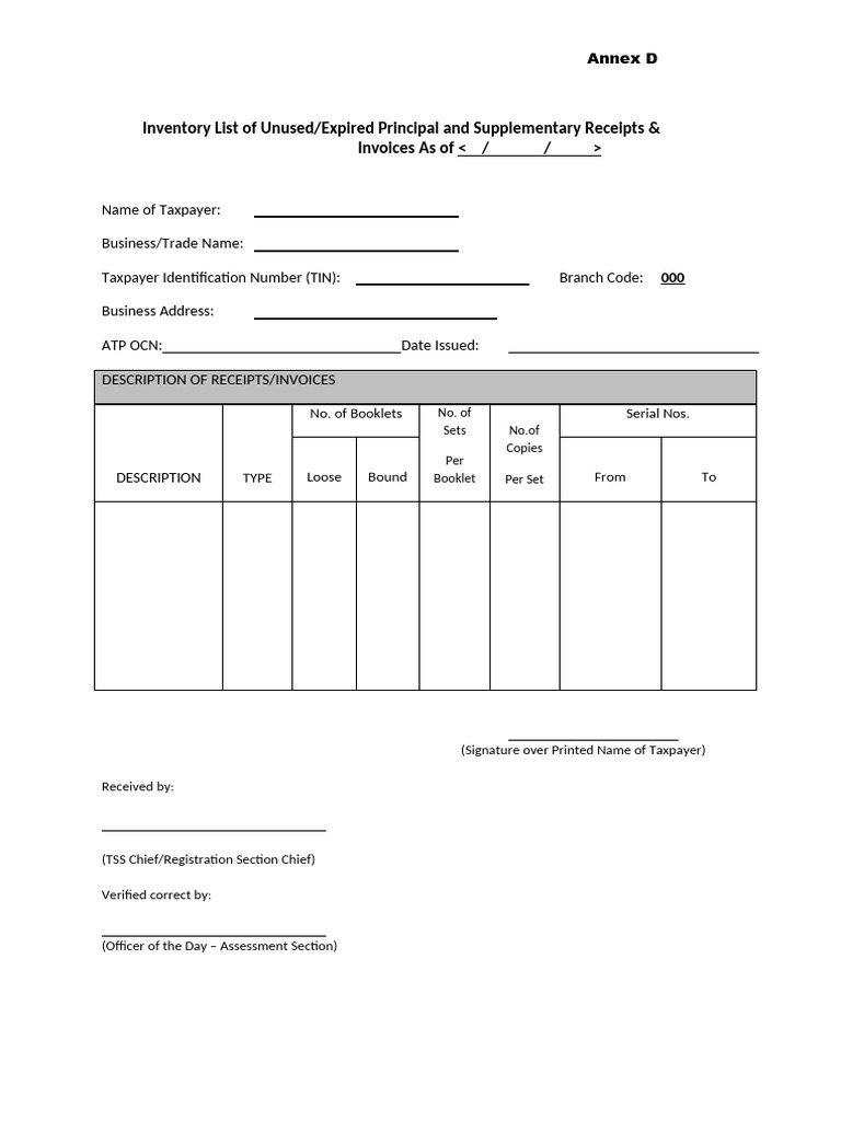 Inventory of Unused Receipts and Invoices | PDF