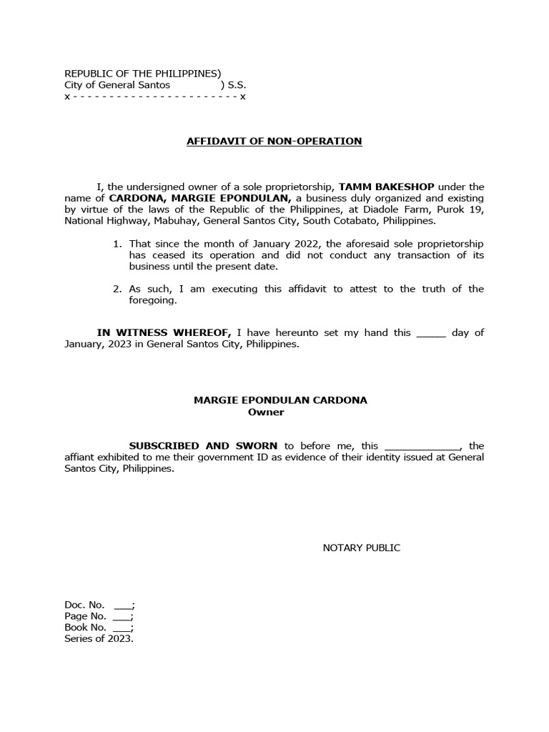 Affidavit of non operation pdf