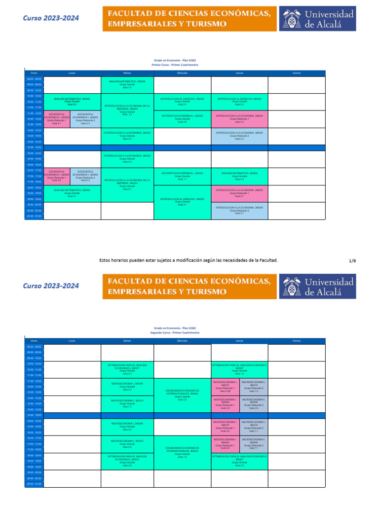 Horarios C1 ECO PDF Métodos matemáticos