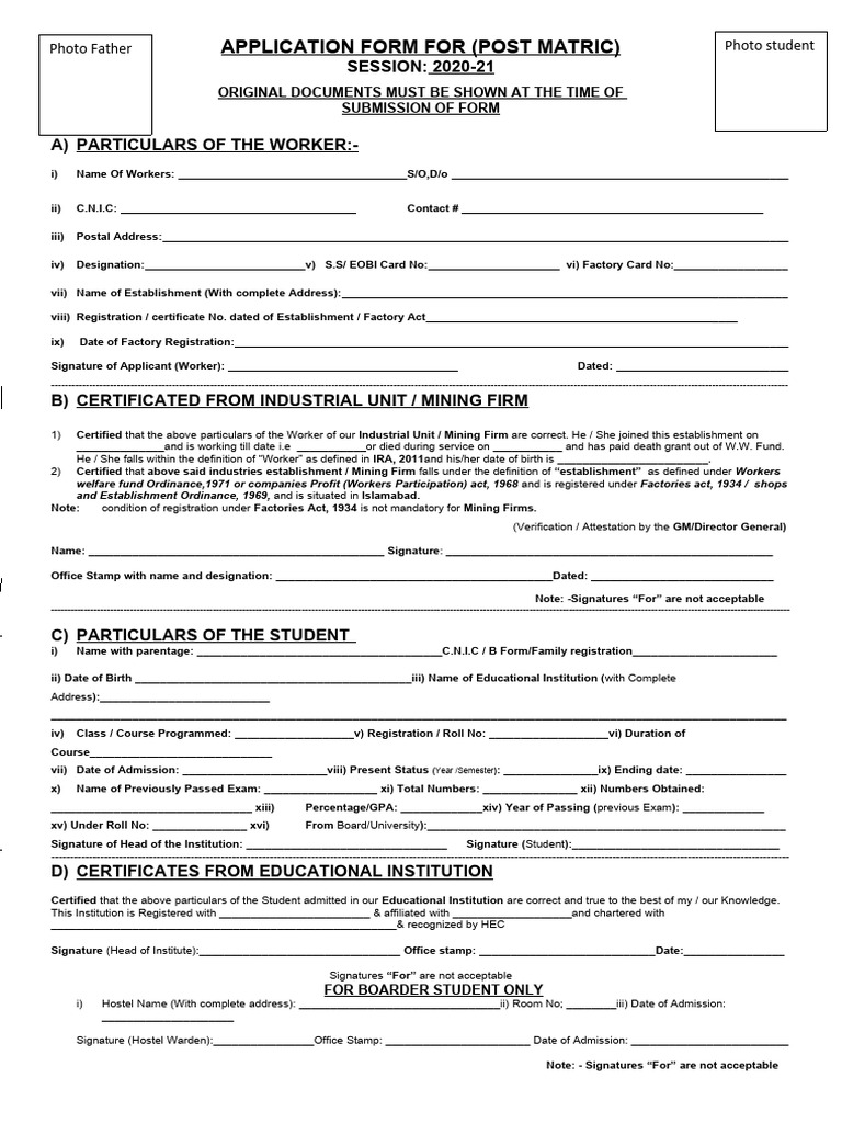 Post Matric Application Form 2020-21 | PDF | Postgraduate Education | Fee