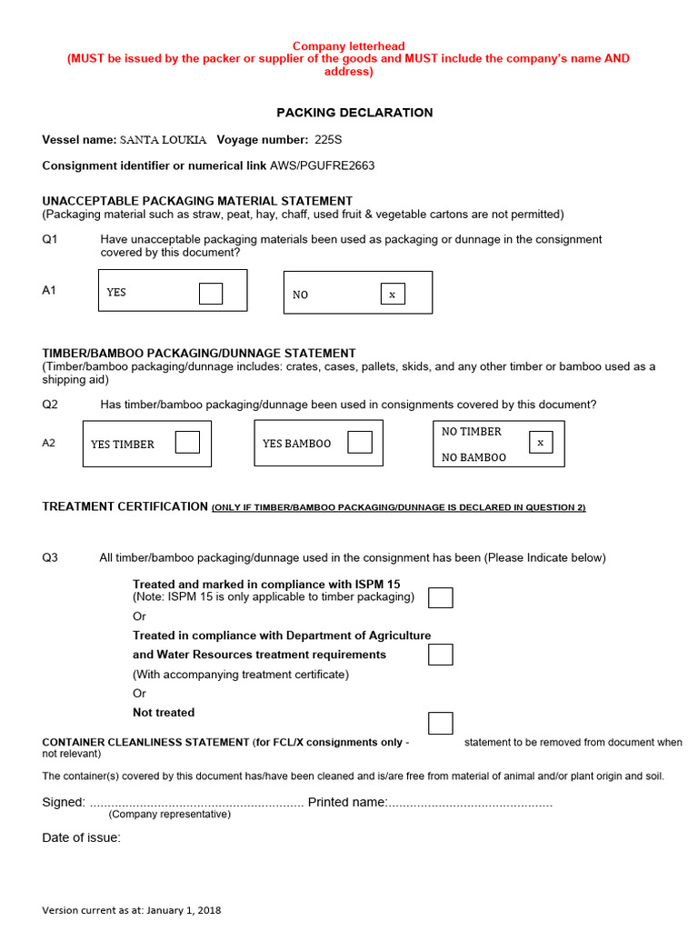 Packing Declaration Aus PDF Packaging And Labeling Business Process