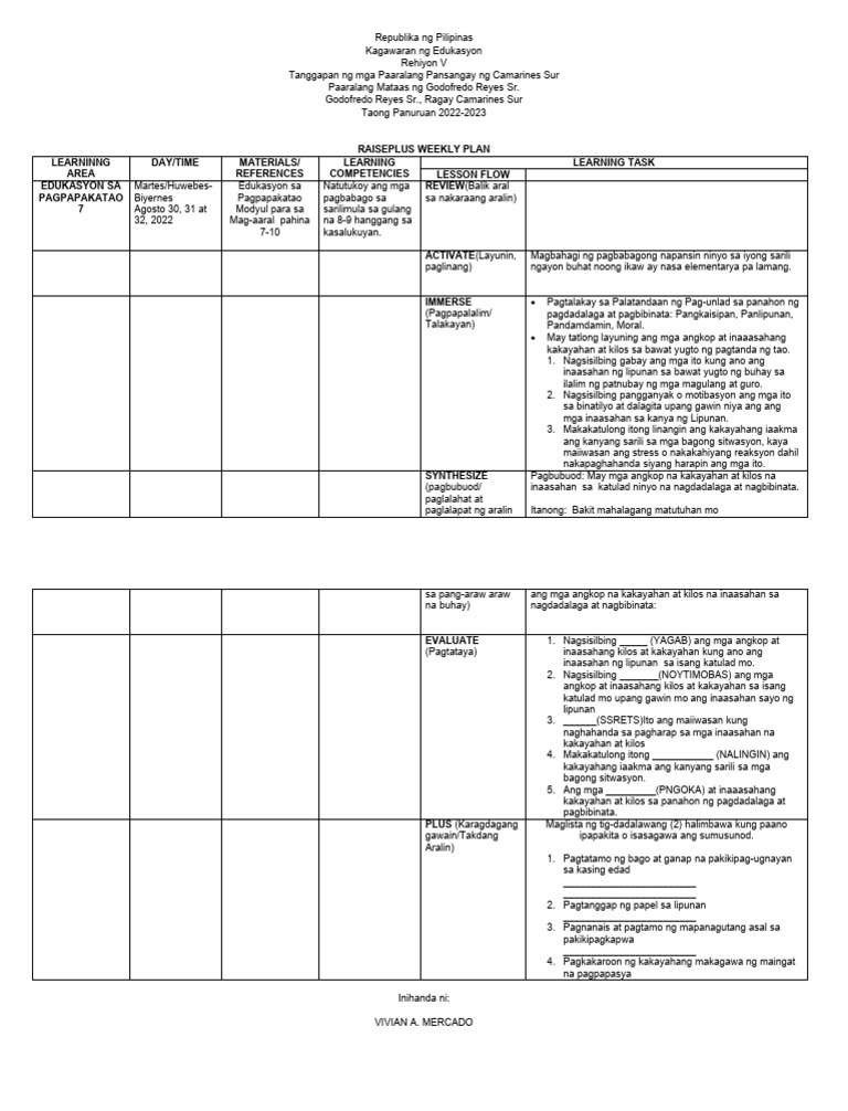 Raise Plus Weekly Plan EsP 7 PDF