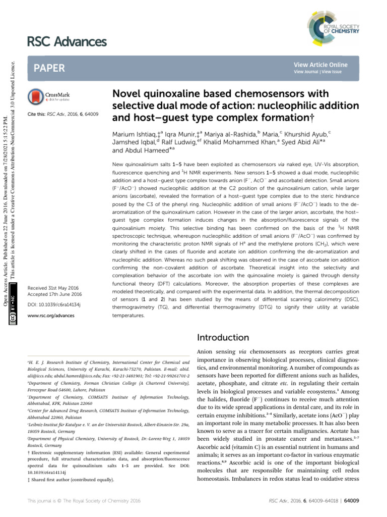 Quinoxaline Chemosensors for Anion Detection | PDF | Ion | Redox