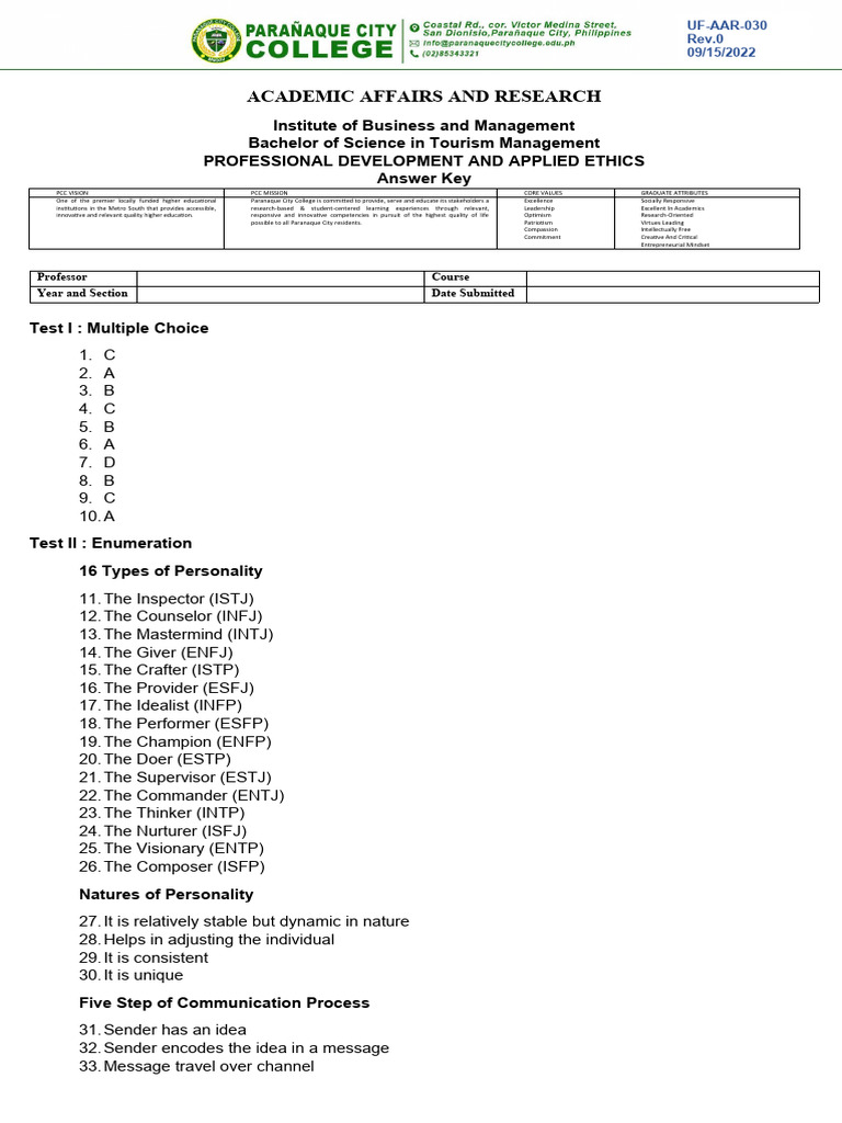 MIDTERM EXAM (Professional Development and Apllied Ethics Answer Key ...
