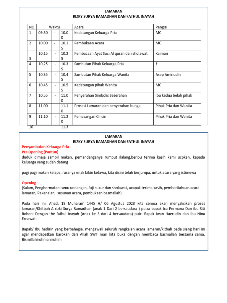 Rundown Acara Lamaran Rizky dan Fathul | PDF