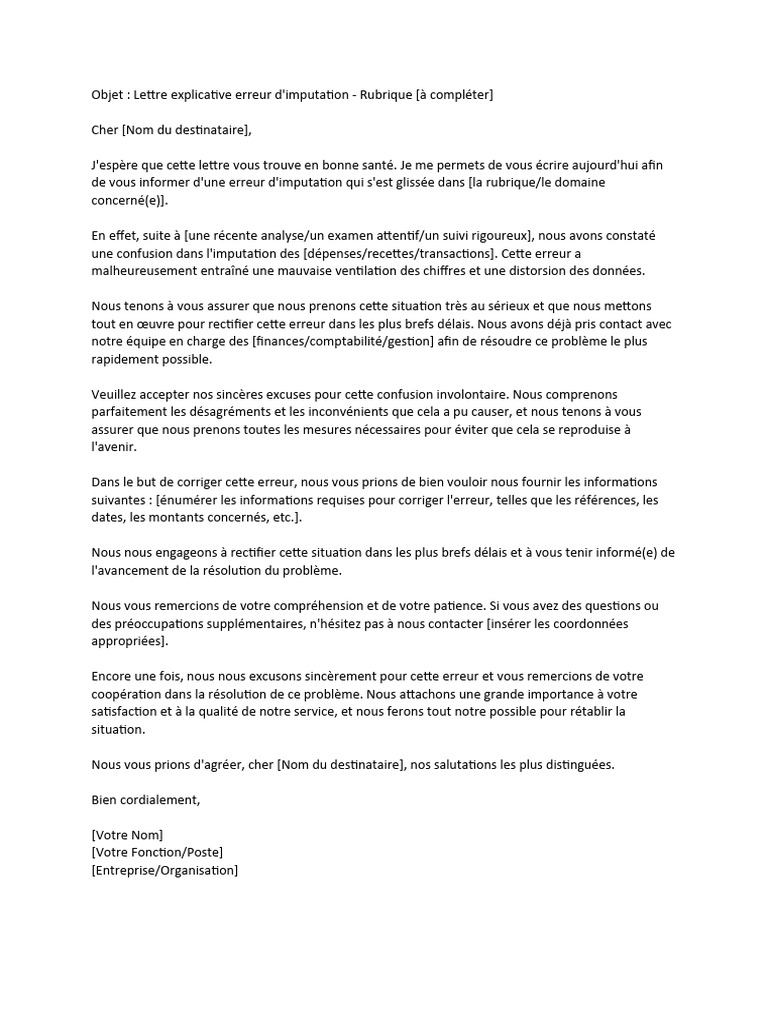 Lettre Explicative Erreur D Imputation Rubrique à Compléter Pdf