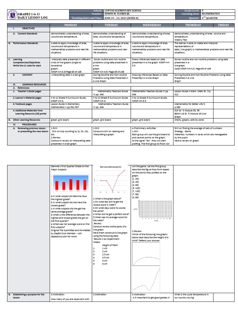 Grade 5 Math Daily Lesson Plan | PDF | Cartesian Coordinate System ...