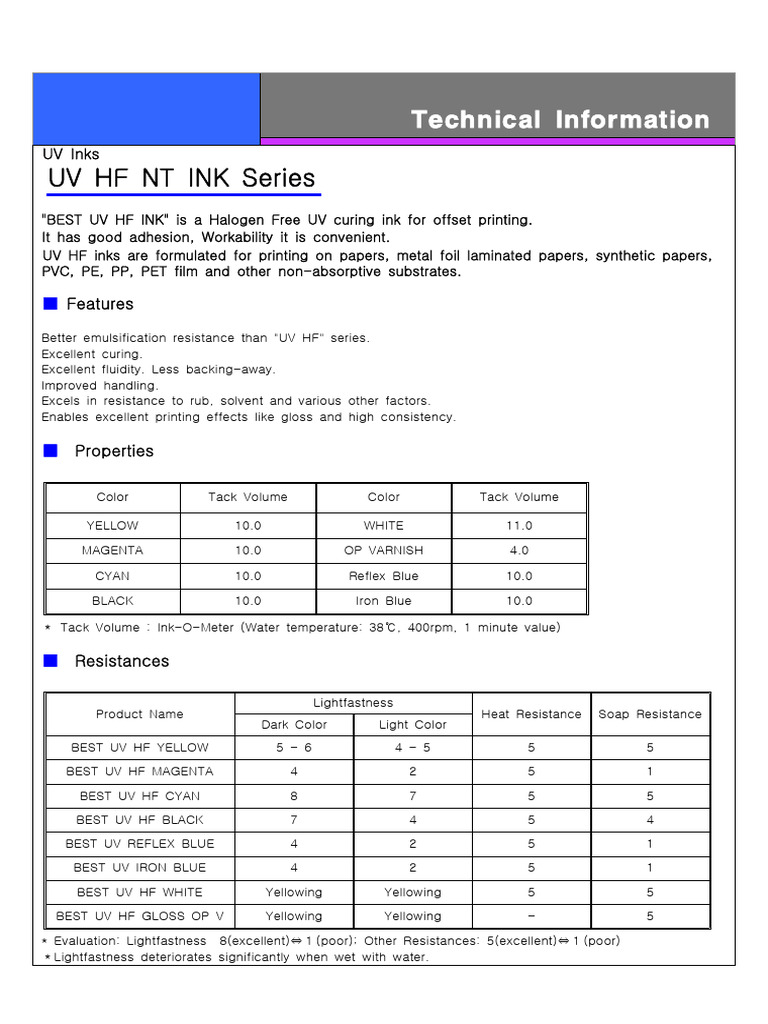 UV HF NT Ink Technical Specifications | PDF | Ink | Materials