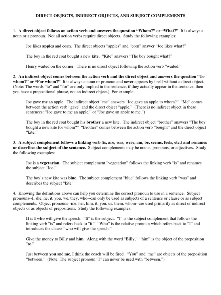 Objects Direct Indirect and Subject Complements 2 | PDF | Object ...