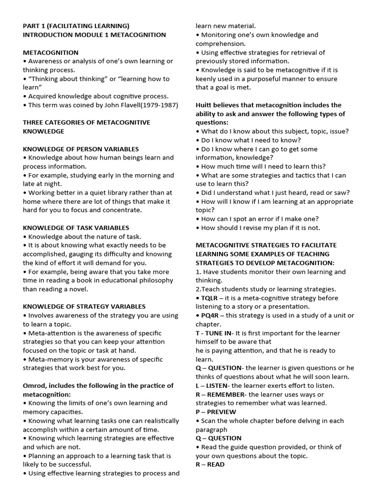 Metacognition: Enhancing Learning Skills | PDF | Learning | Metacognition