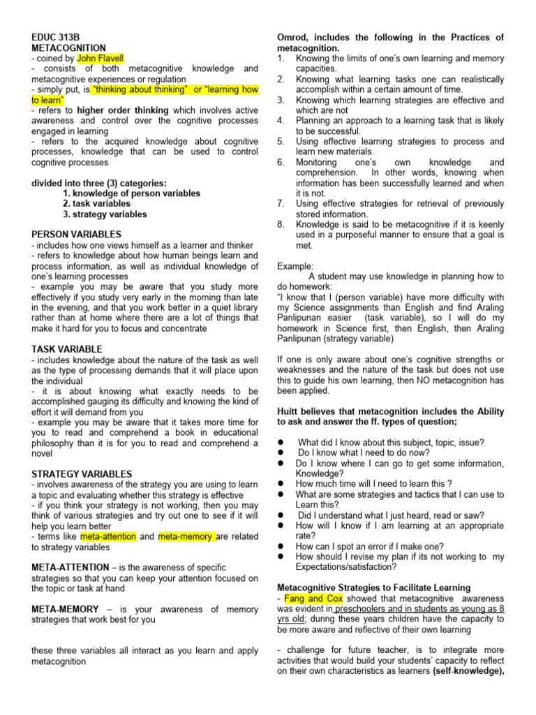 Metacognition for Educators | PDF | Metacognition | Learning