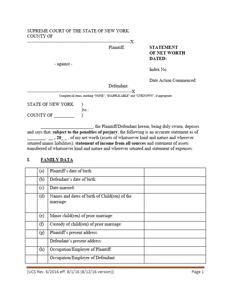 New York Net Worth Statement Form | PDF | Debt | Mortgage Law