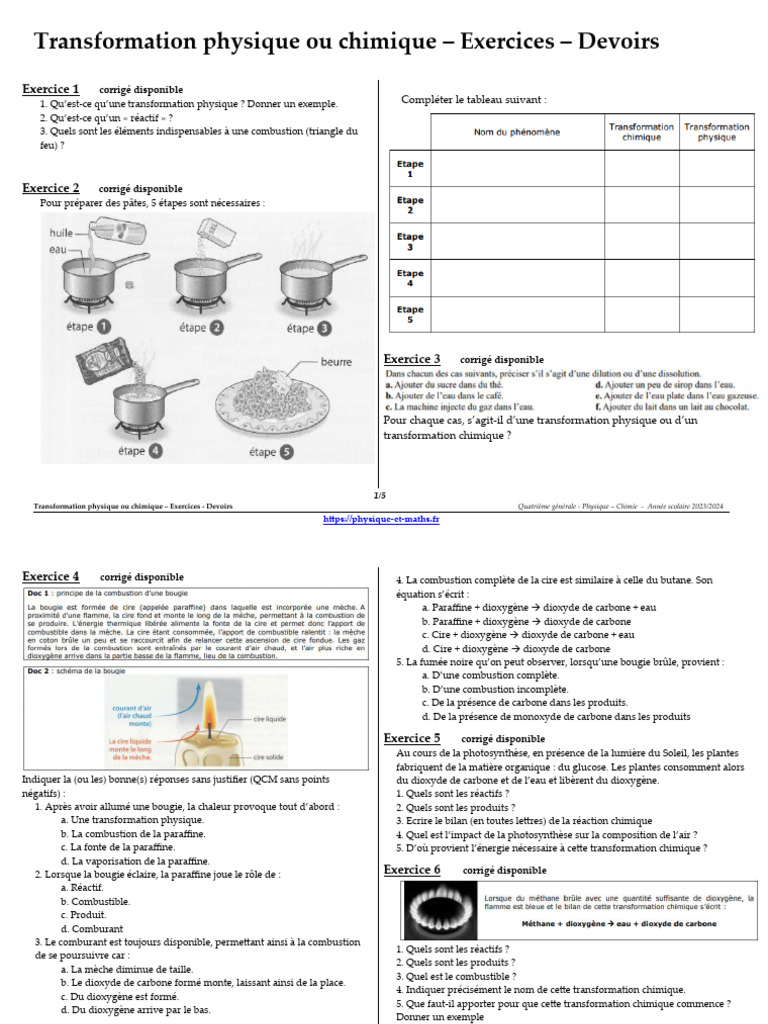 Exercices sur transformations chimiques | PDF | La combustion | Chimie