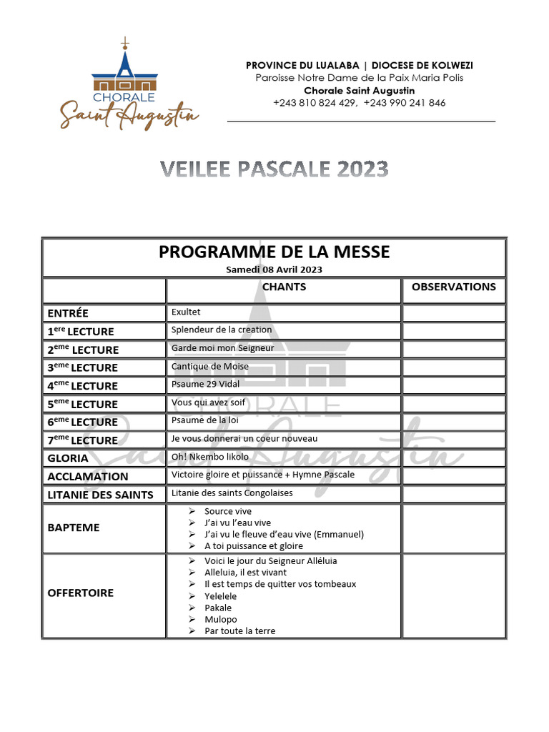 Programme Veillée Pascale 2023 | PDF | Église catholique | Branches du ...