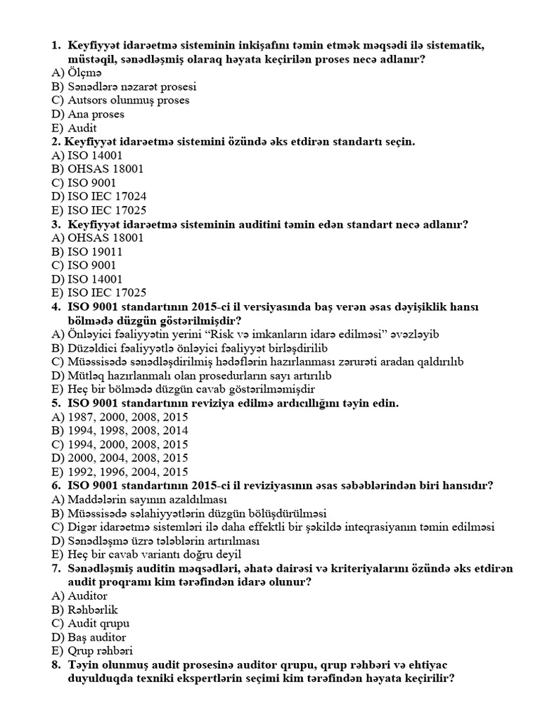 9001-2015 Sual Yeni Suallar 100 Sonn | PDF