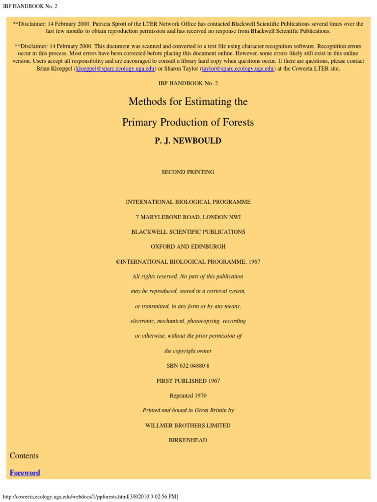 Methods Of Estimating The Primary Production Of Forests Pdf Wood