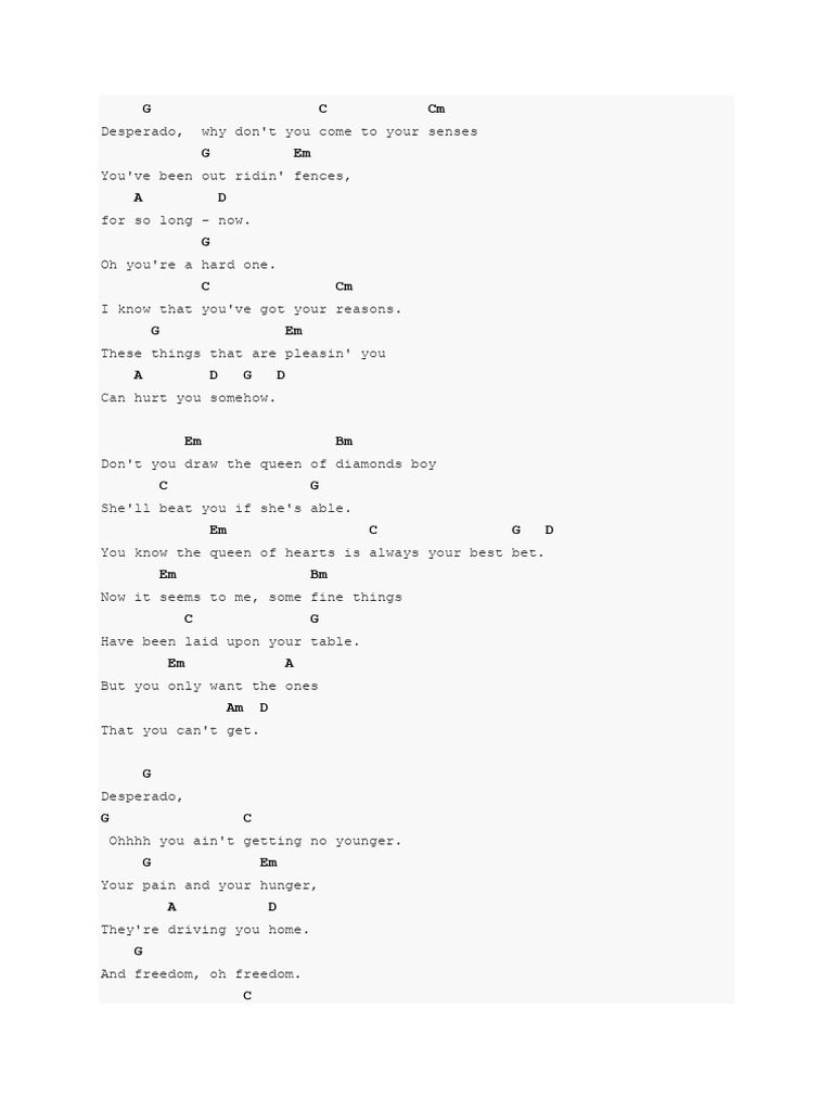 Song lyrics with guitar chords for Desperado