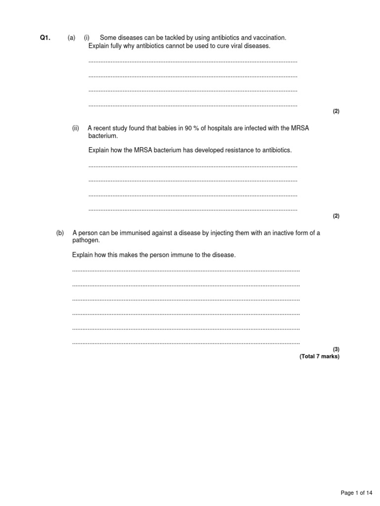 B1.1 Revision Exam Question Booklet PDF Virus Vaccines