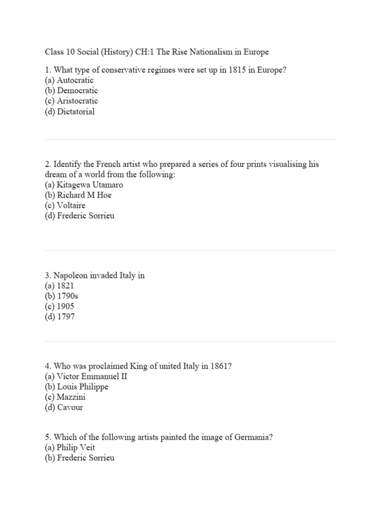 Class 10 social history ch1 the rise nationalism in europe mcqs