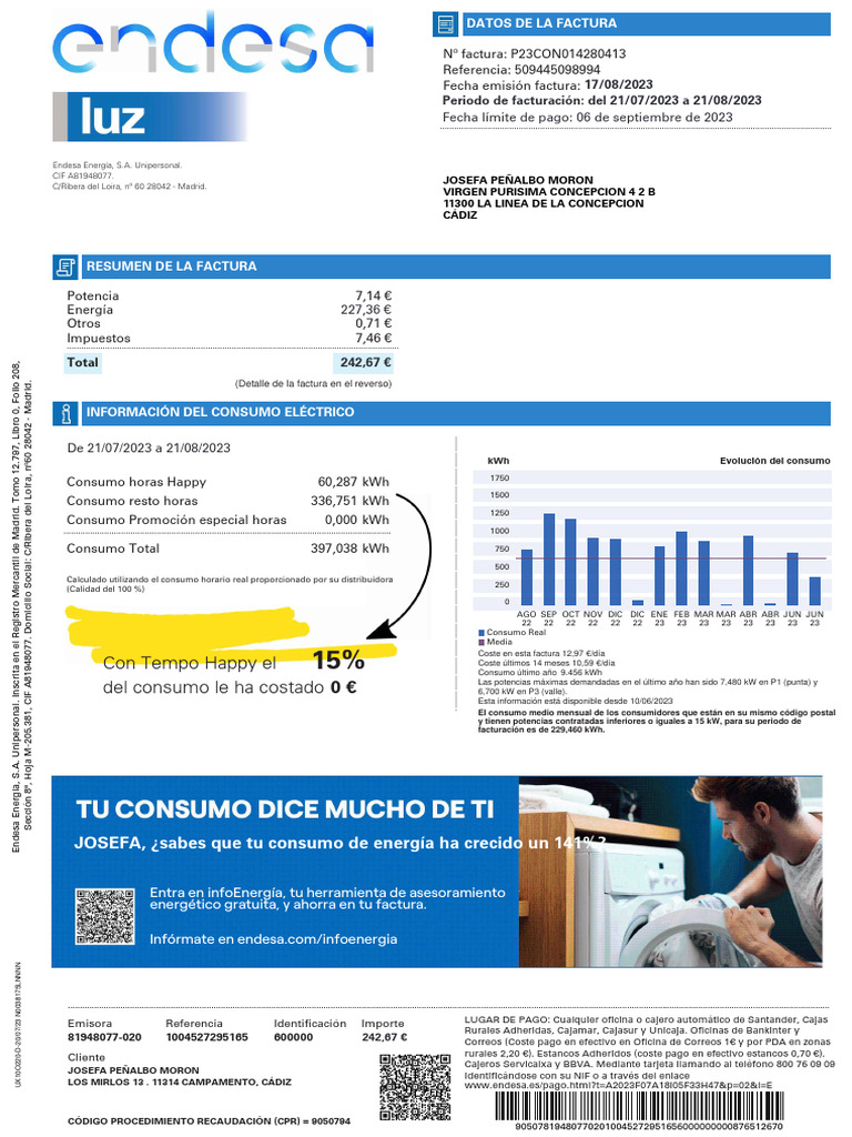 Factura Eléctrica Endesa Julio 2023 | PDF | Economias