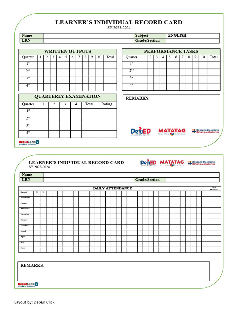 Learner's Individual Record Card 2023-2024 | PDF
