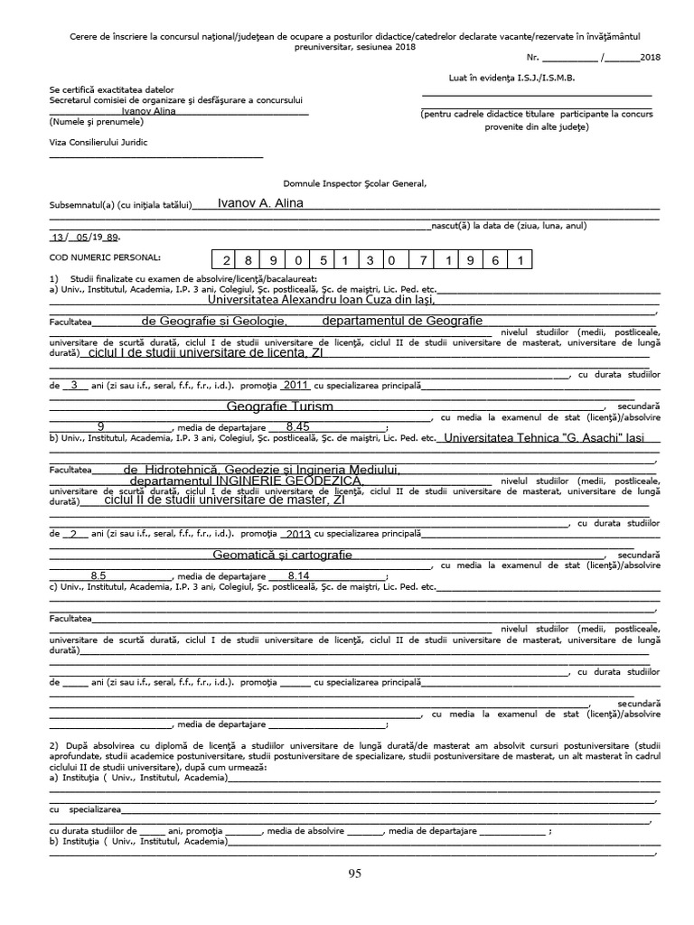 CERERE TITULARIZARE 2018 Completat | PDF