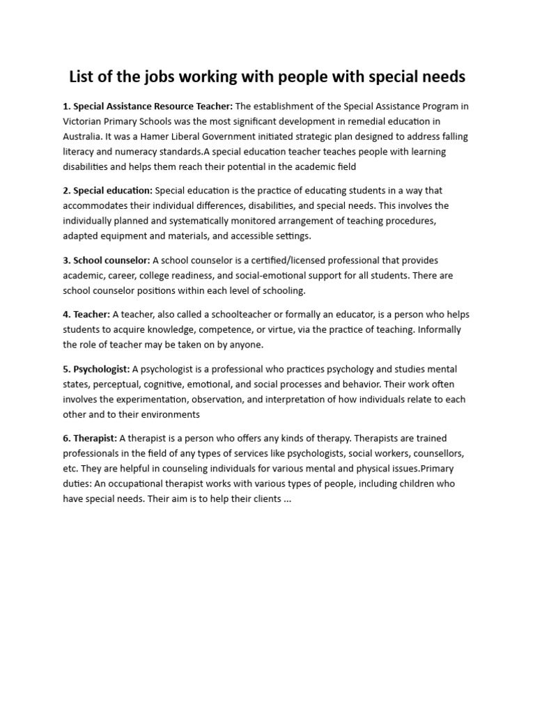 Special Needs Jobs PDF Psychotherapy Autism Spectrum