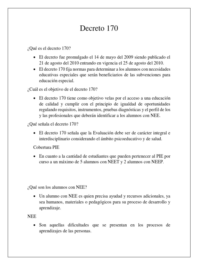 Decreto 170 | PDF | Evaluación | Educación especial