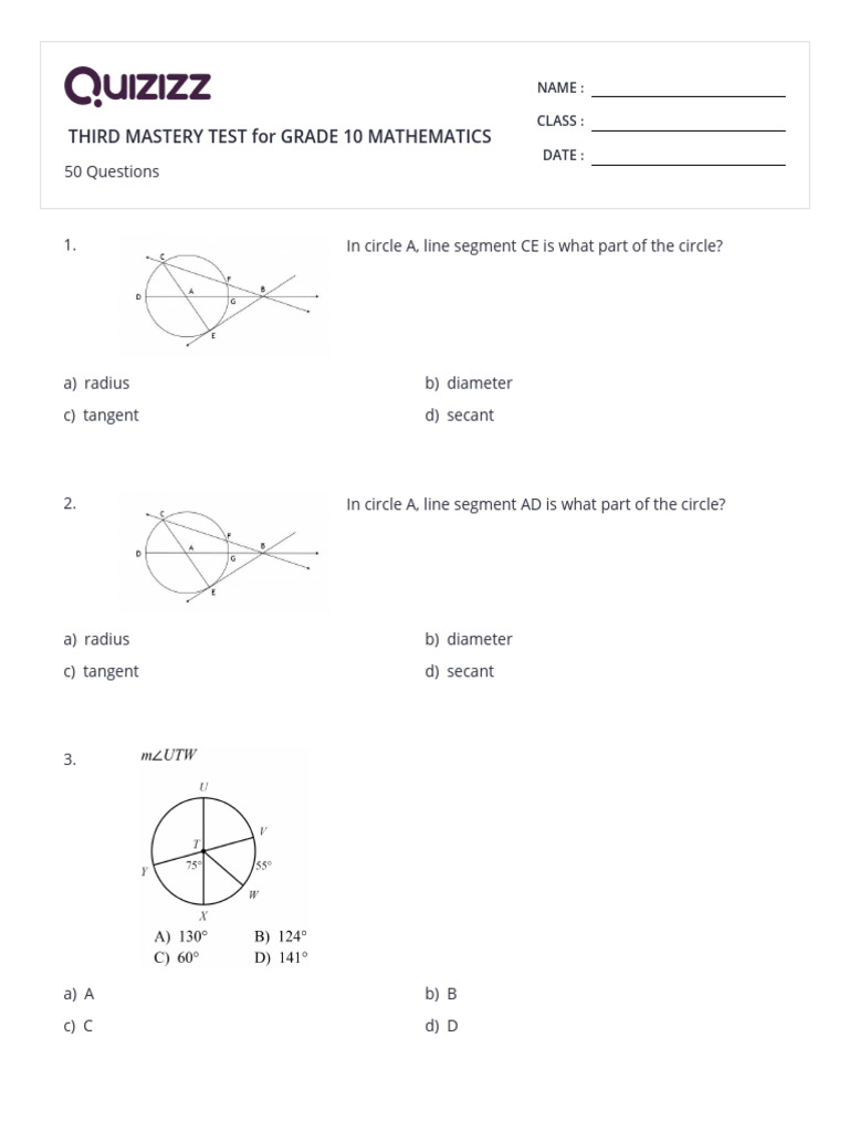 Grade 10 Circle Relationships Test | PDF | Circle | Trigonometric Functions