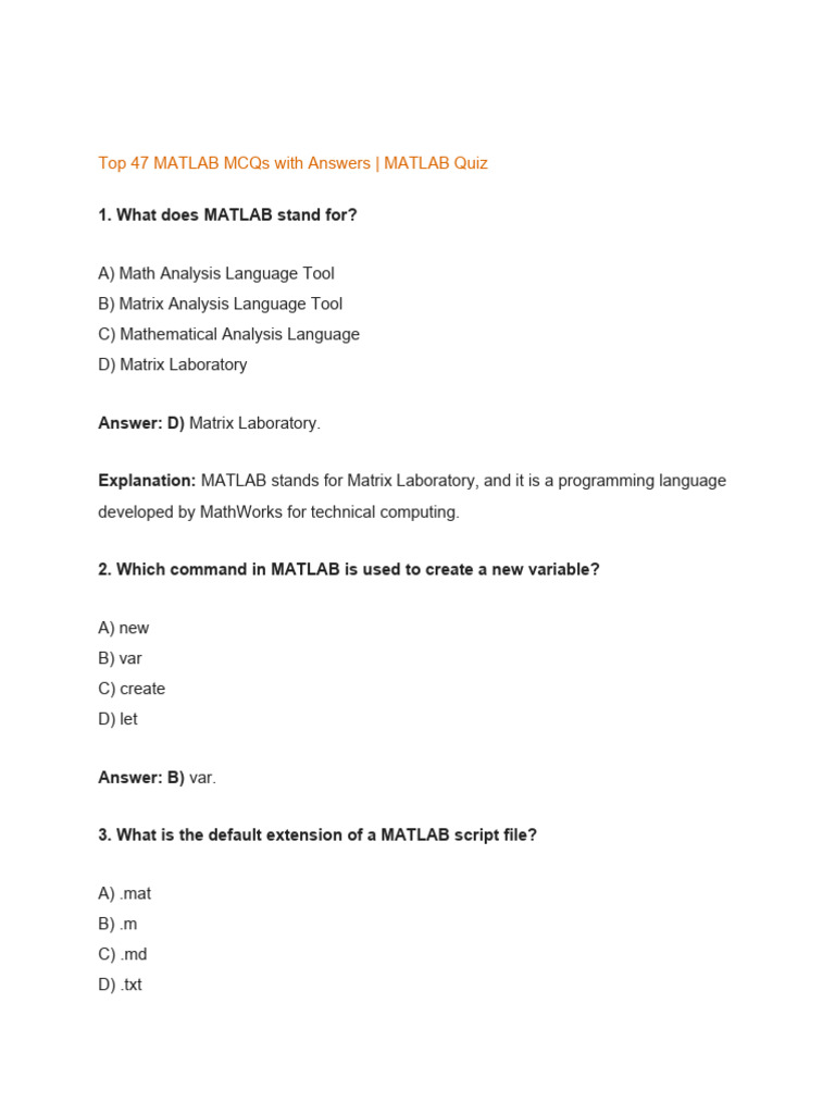 Top 47 MATLAB MCQs With Answers PDF Matlab Matrix (Mathematics)