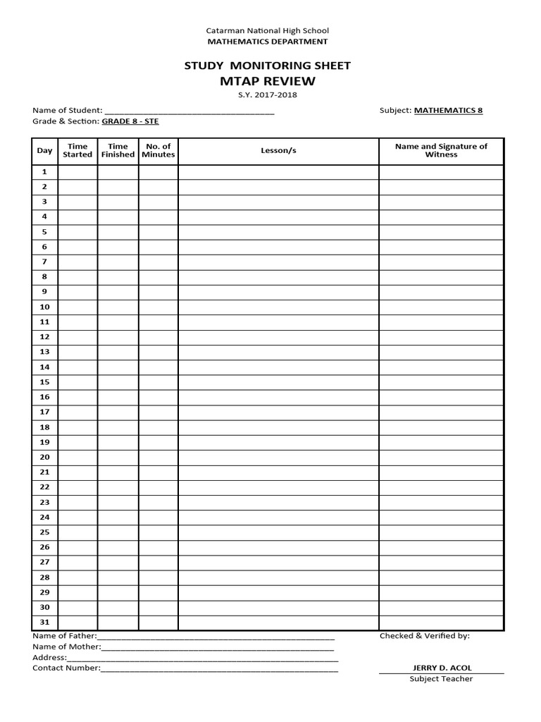 Study Monitoring Sheetsms | PDF | Learning