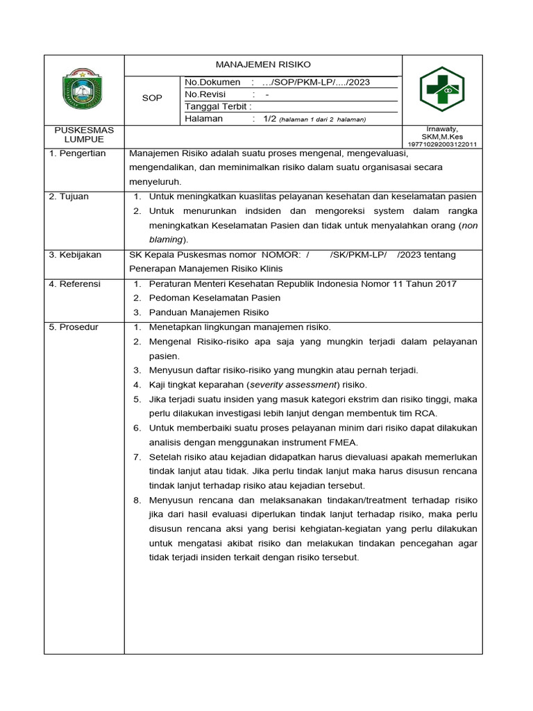 Sop Manajemen Risiko | PDF