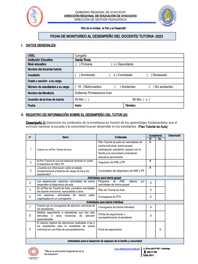 Ficha de Monitoreo Al Desempeño Del Tutor - Docente 2023 - OK Rafael ...