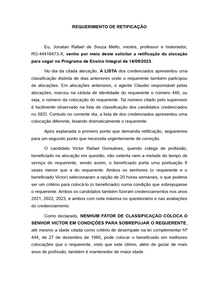 Retificação de Alocação no Ensino Integral | PDF