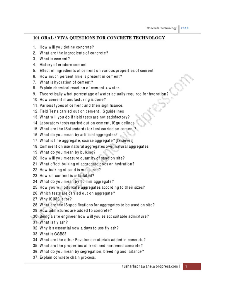101 Oral Viva Questions For Concrete Technology PDF Concrete