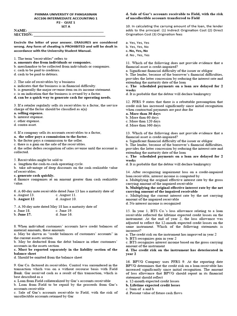 ACC 106 P2 Exam Quiz 1 Overview | PDF | Loans | Debits And Credits