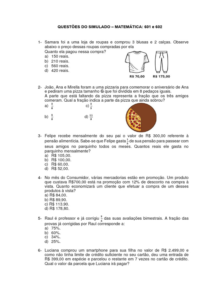 QUESTÕES DE MATEMATICA - 6° Ano | PDF