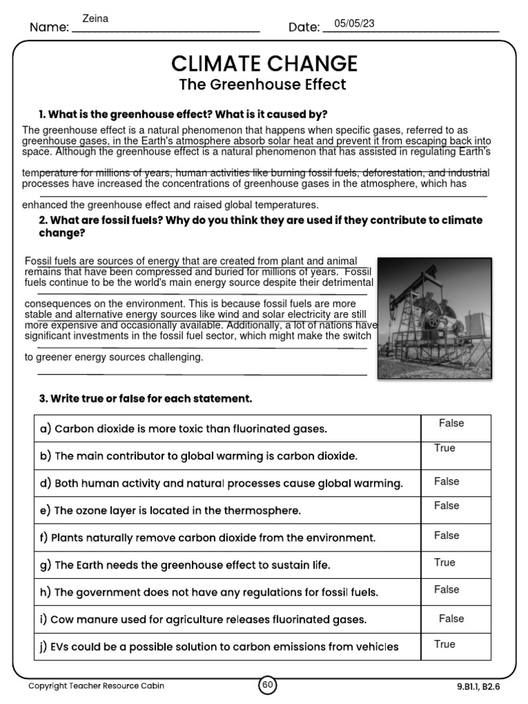 Greenhouse Gases Worksheet PDF
