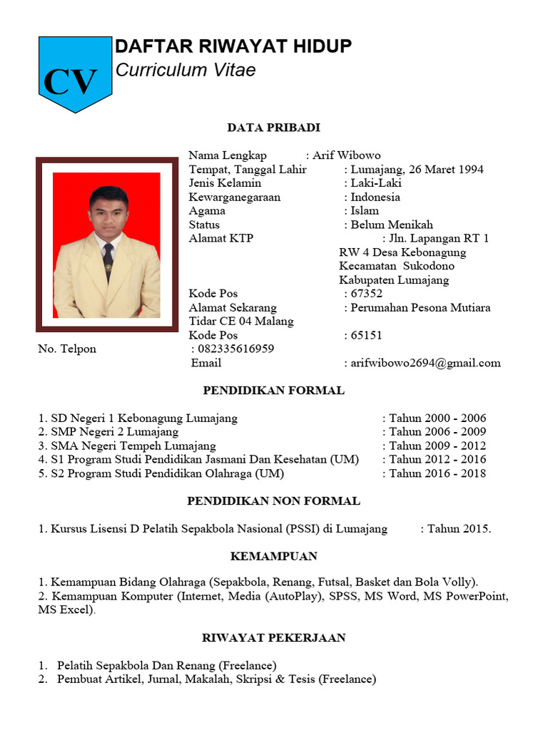 Daftar Riwayat Hidup Cv Pdf